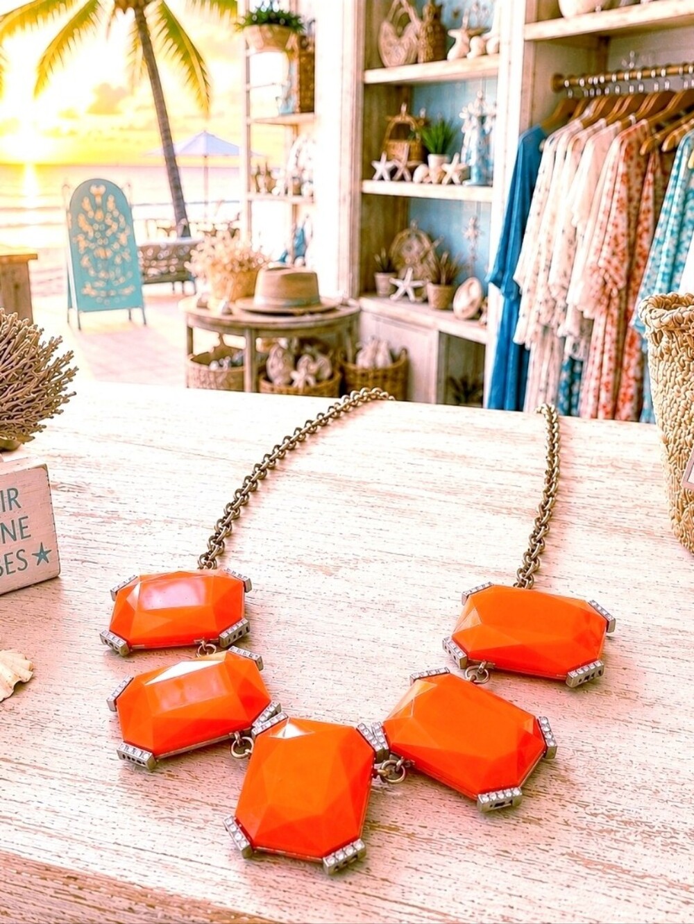 Banana Republic Bright Orange Statement Necklace Gold Tone Hardware Emerald Cut